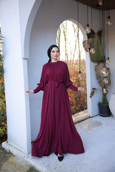 Nissra Ankanoor Burgundy Raglan Sleeve Gathered Dress Anka255072