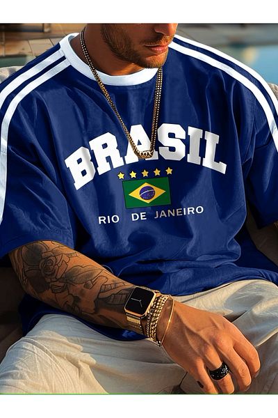 LEONE KOLEKSİYON Ανδρικό μπλουζάκι Navy Blue BRASIL με στάμπα Oversize 100% βαμβακερό ριγέ ώμου