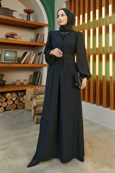 VAVİNOR Etek Ucu Pileli Elbise - Siyah