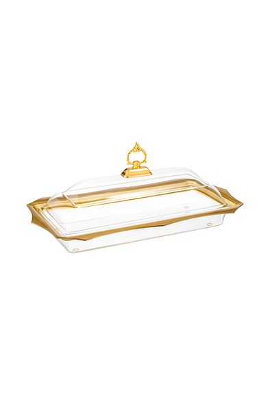 Dania Rectangular acrylic serving plate with a golden cover for pastries, sweets, and all buffets, size 50*27 cm
