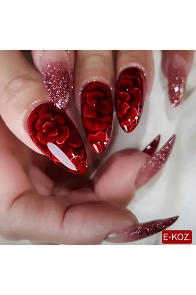 Butik Kırmızı Gül Desenli Sim Detaylı 24'lü Badem Takma Tırnak Seti