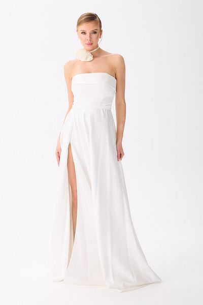 Carmen White Strapless Slit Satin Wedding Dress