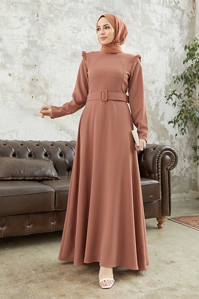 VAVİNOR Shoulder Flounce Belted Dress - Camel