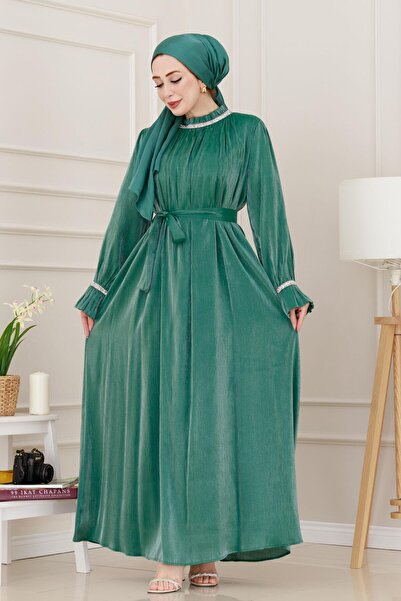 Sevitli Glittery Stone Evening Dress-Green