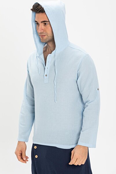 Eliş Şile Bezi Ανδρικό φούτερ με κουκούλα Şile υφασμάτινη διπλή τσέπη Ice Blue Bmv