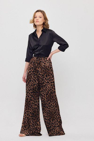 Rays 9410 Leopard Pattern Satin Palazzo/Drape Pants Brown