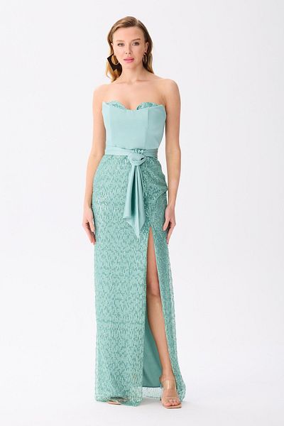Carmen Çağla Strapless Slit Sequined Evening Dress