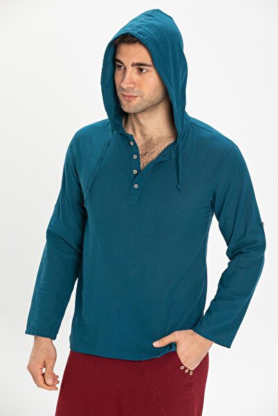 Eliş Şile Bezi Ανδρικό φούτερ με κουκούλα Şile υφασμάτινη διπλή τσέπη Petrol Ptrl