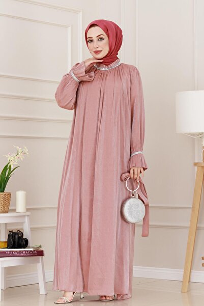 Sevitli Simli Taşlı Abiye Elbise-Pembe
