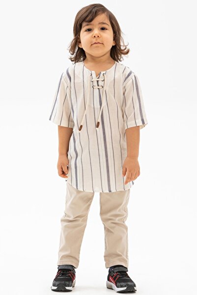 Eliş Şile Bezi Short Sleeve Sile Cloth Studded Summer Boy's Tshirt Ecru Gray Striped 3028
