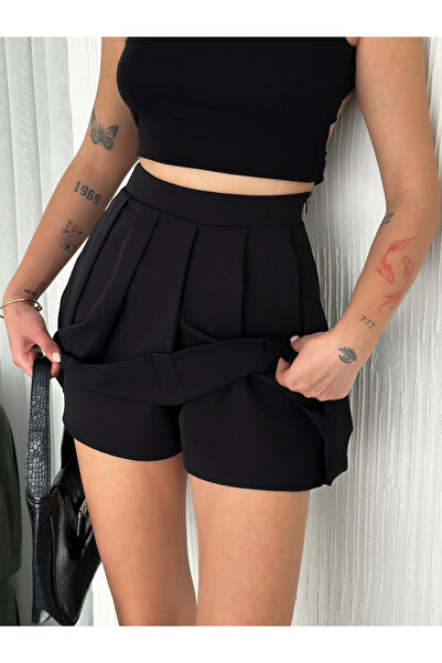 Swana Kadın Dambıl Şort Etek -Siyah