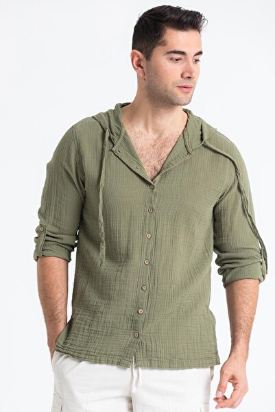 Eliş Şile Bezi Μακρυμάνικο ανδρικό φούτερ με κουκούλα καλοκαιρινή μουσελίνα Khaki Hk