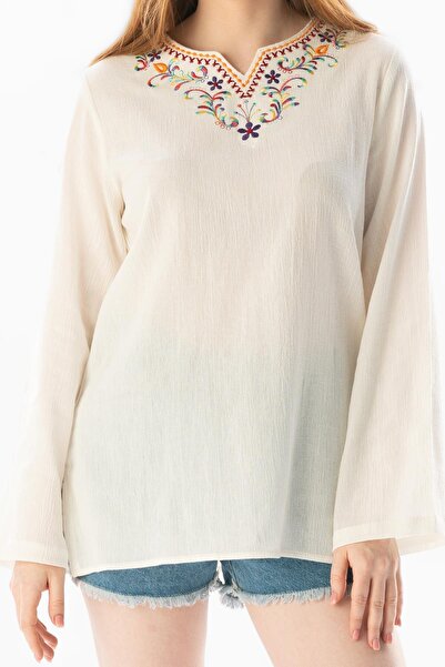 Eliş Şile Bezi Long Sleeve Sile Cloth Rainbow Embroidery Detailed Summer Blouse Cream Red