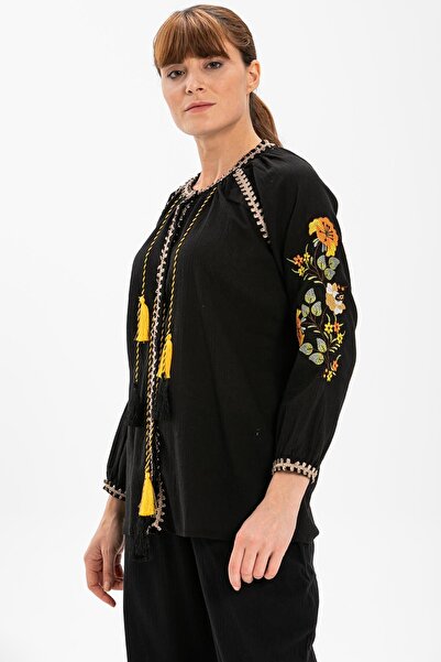 Eliş Şile Bezi Pânză Şile cu mânecă lungă - Bluză de vară Nigar - Negru