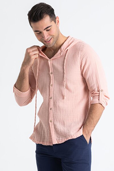 Eliş Şile Bezi Μακρυμάνικο ανδρικό φούτερ με κουκούλα καλοκαιρινή μουσελίνα σε σκόνη Pdr