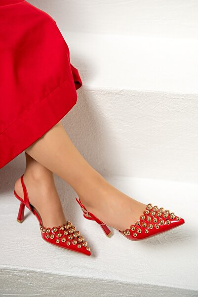 LamintaGlobal Simba Red Metal Studded Heeled Shoes