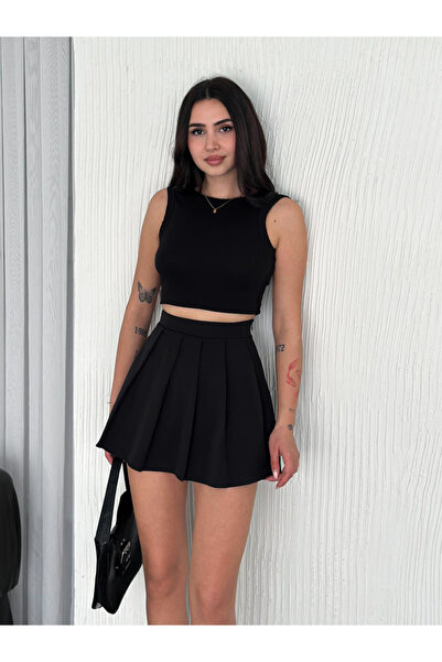 Swana Kadın Dambıl Şort Etek -Siyah