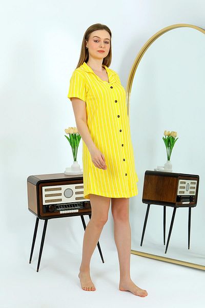 Akbeniz Women's Cotton Combed Short Sleeve Buttoned Yellow Tunic Nightgown 13111