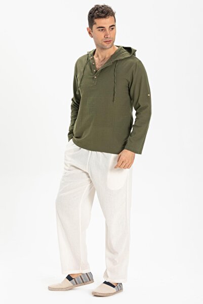 Eliş Şile Bezi Ανδρικό φούτερ με κουκούλα Şile υφασμάτινη διπλή τσέπη Khaki Hk