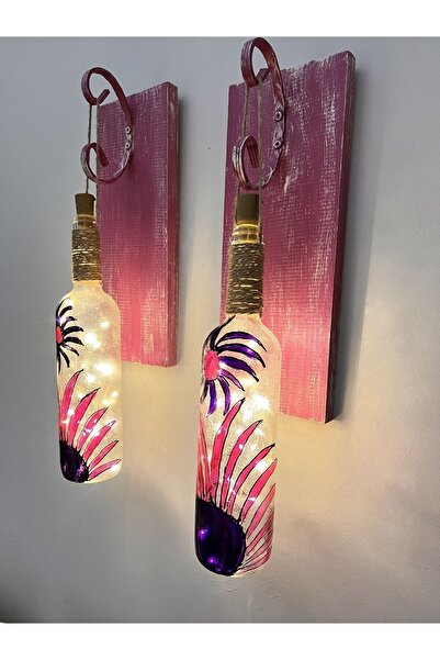 Mes Reves Peri Led Aydınlatmalı Pembe Ahşap Dekorlu, Vitray El Boyama Kırçiçeği Şarap Şişesi Aplik 2'li Set