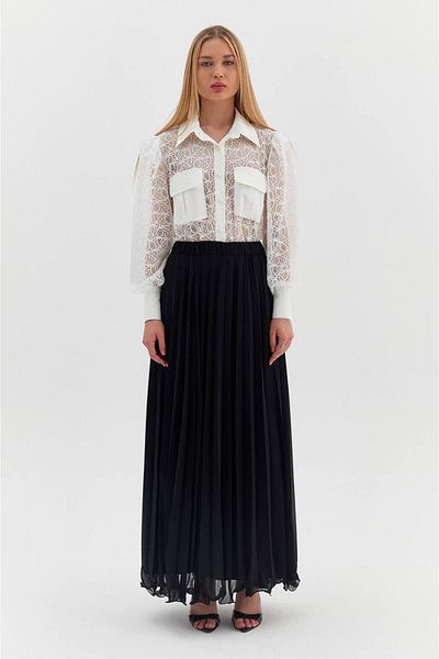 Kinzi Fusta lungă plisată din șifon negru pentru femei - croiala confortabilă, design elegant și elegant