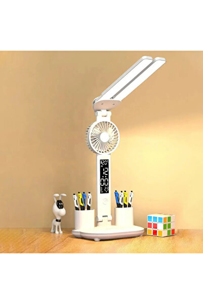 Monozone Çok Fonksiyonlu Fanlı Masa Lambası Saat+Tarih+Derece+Kalemlik+Telefo...