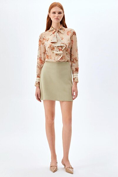 NAGRADA Çıkarılabilir Fırfır Yakalı Desenli Şifon Gömlek Bej