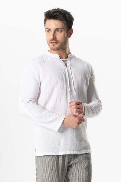 Eliş Şile Bezi Ανδρικό καλοκαιρινό μπλουζάκι με μακρύ μανίκι με λαιμόκοψη με κορδόνια White Byz