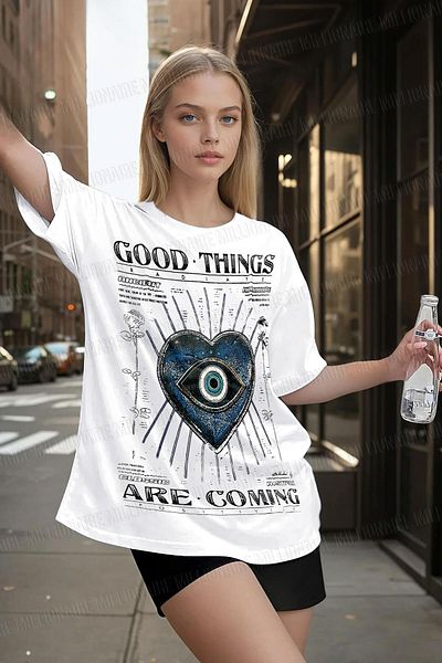 Millionaire Women's Ecru White Evil Eye Printed Oversize Fit Loose Wide Fit Loose Cut T-Shirt
