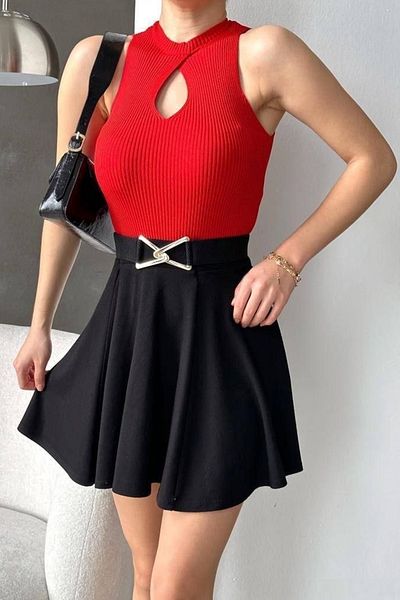 WOMAN VISION Women's Modern Cut Sleeveless Collar Detailed Red Blouse 0285