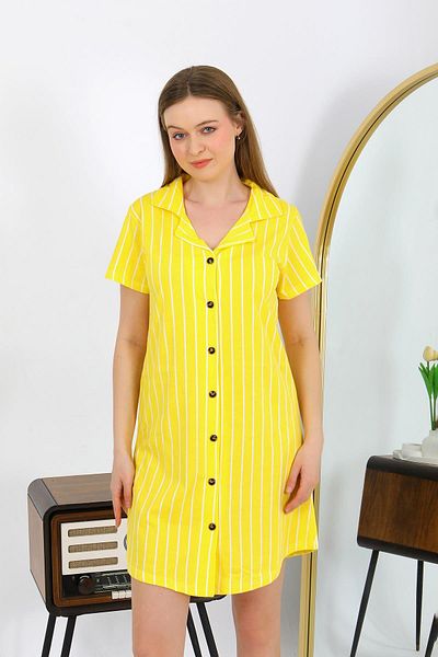 Akbeniz Women's Cotton Combed Short Sleeve Buttoned Yellow Tunic Nightgown 13111