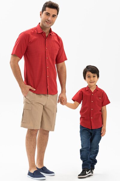 Eliş Şile Bezi Short Sleeve Şile Cloth Single Pocket Boys Summer Children's Shirt Red 3051