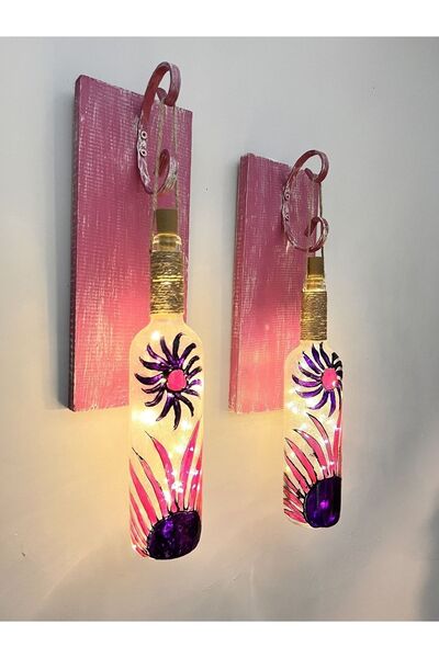 Mes Reves Peri Led Aydınlatmalı Pembe Ahşap Dekorlu, Vitray El Boyama Kırçiçeği Şarap Şişesi Aplik 2'li Set