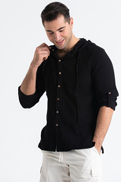 Eliş Şile Bezi Μακρυμάνικο ανδρικό φούτερ με κουκούλα, καλοκαιρινό μουσελίνα, μαύρο Syh