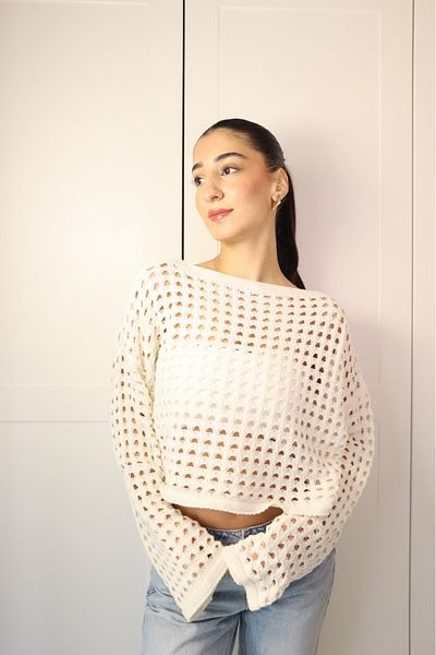 swan butik Knitwear Mesh Perforated Ecru Sweater