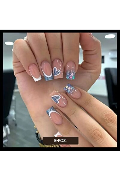 Butik Kare Mavi Simli French Detaylı Nude 24'lü Takma Tırnak Seti