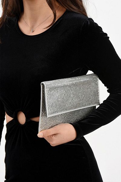 Getcho Jeften Silver Geantă portofoliu pentru rochie de seară pentru femei, cu curea cu lanț de piatră, geantă mică strălucitoare pentru invitația de nuntă de noapte