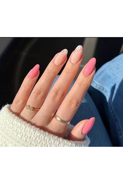 Butik Pembe Beyaz Çiçek Detaylı 24’lü Badem Tırnak Seti