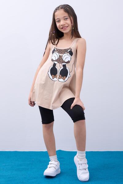 Perendi Kız Çocuk Leopar Desenli Minnie Mouse Baskılı Askılı Tunik ve Tayt Ta...