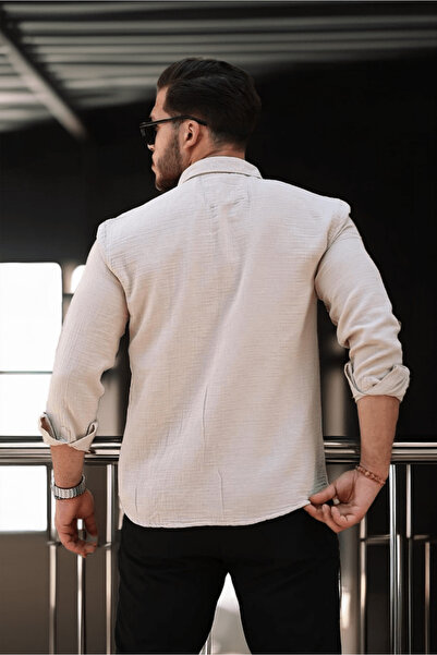 Valiberta Nefes Alabilir Yarım Oversize Müslin Kumaş Uzun Kol Yakalı Erkek Gömlek - Bej