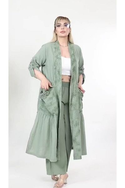 HaiModa طقم كتان - بنطلون طويل، فضفاض مفتوح من الأمام
