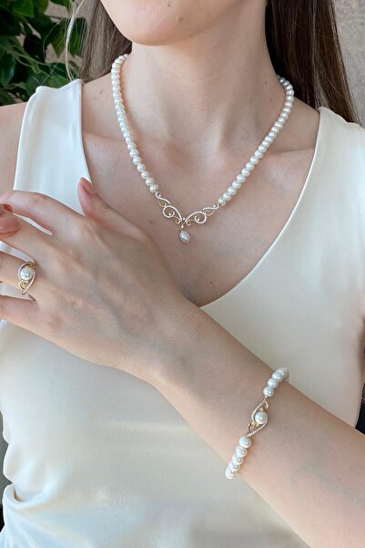 Birinci 14 Ayar Altın 7 mm Taşlı Doğal İnci Kolye Bileklik Yüzük Üçlü Set