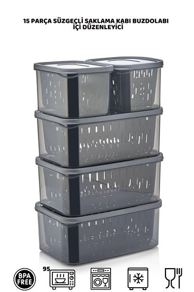 HOMENIVA 15 Piece Fresh Anthracite Refrigerator Storage Set with Strainer