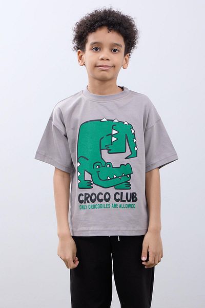 Perendi Tricou supradimensionat din 2 piese pentru copii Erkeklier, țesătură de bumbac, imprimat croco, gri și indigo