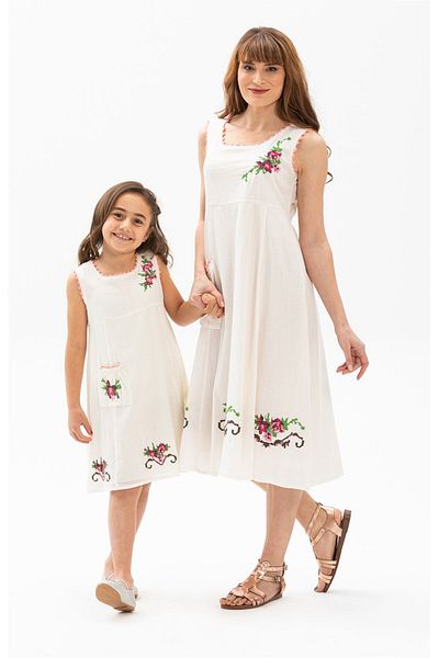 Eliş Şile Bezi Burçak Şile Cloth Girl's Summer Dress Cream Red