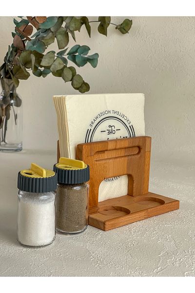 NOBLERAVEN DESIGN Glass Salt and Pepper Shakers Set with Wooden Napkin Holder Stand – Handmade Beech Wood Spice Rack