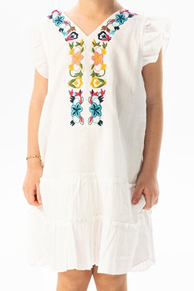 Eliş Şile Bezi Αμάνικο ύφασμα Sile Delfin Κέντημα Λεπτομερές καλοκαιρινό παιδικό φόρεμα White Byz