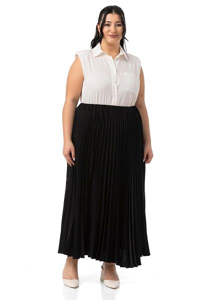 DISENTIS MODEST Large Size Elastic Waist Pleated Long Black Skirt