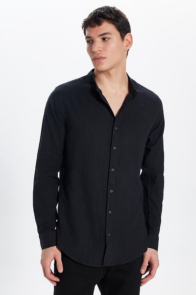 Tudors Μαύρο Slim Fit Ανδρικό πουκάμισο - Μακρύ μανίκι, 100% βαμβάκι, λινό υφή, επικρατέστερος γιακάς