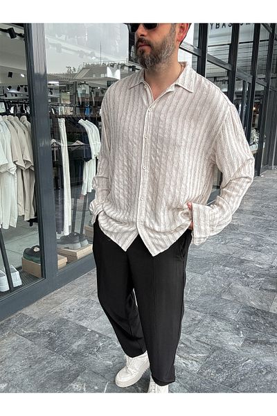 BYBASICMAN Beige Textured Striped Linen Shirt G-5187/10